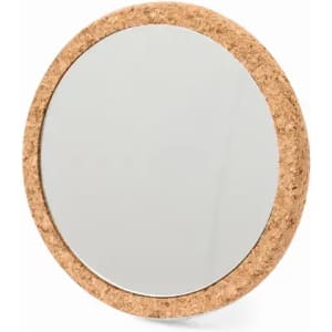 A round mirror with a natural cork frame, featuring a smooth reflective surface.