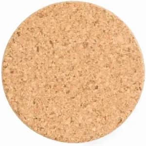A cork coaster with a natural beige colour and textured surface. It has a round shape.