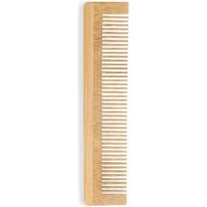 A wooden comb with fine and wide teeth, featuring a natural wood finish.