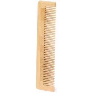 A wooden comb with evenly spaced teeth, featuring a natural light brown colour. It has a simple, sleek design.