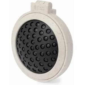 A drink bottle lid featuring a textured black surface and a light beige base, with a circular shape and branding.