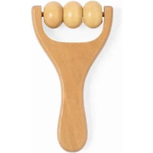 A wooden massage roller featuring three rounded wooden beads, designed for relaxation and muscle tension relief.