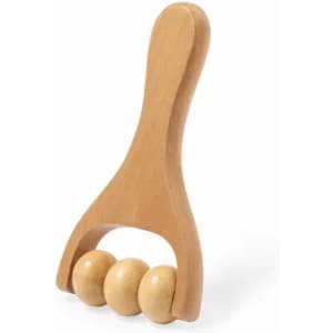 A wooden massager with a handle and three rounded wooden balls for therapeutic use.