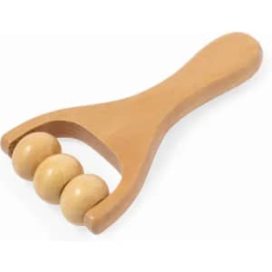 A wooden massager with three rolling balls attached to a curved handle, featuring a light wooden colour.