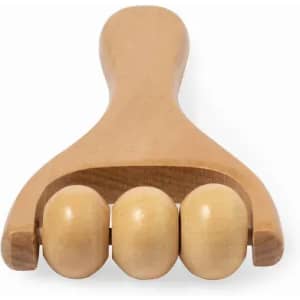 A wooden massager with three rounded rollers and a curved handle, crafted from light-toned wood.