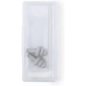 A clear container with grey earplugs inside. The container is rectangular and has a simple design.