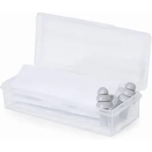 A clear storage box with a lid, containing three grey objects inside and white compartments.
