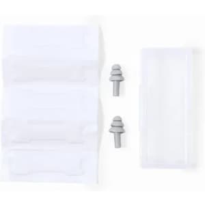 A set of earplugs and a clear storage case, featuring grey earplugs and white packaging.