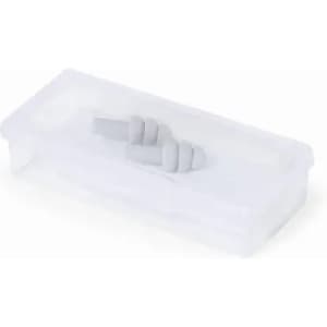 A clear container holding grey earplugs, neatly arranged inside. The container is rectangular in shape.