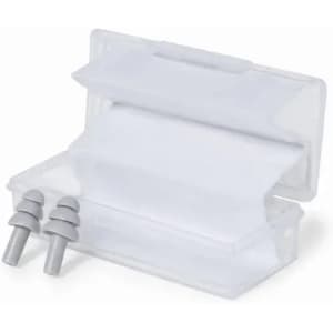 A clear case containing grey earplugs, with a compartment for storing additional items.