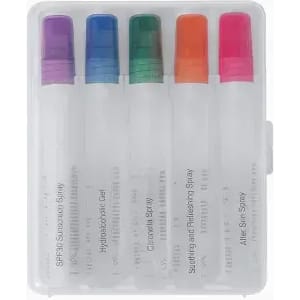 A set of five spray bottles in a clear case, featuring green, purple, blue, pink, and orange caps.