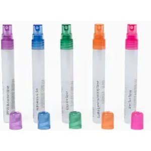 A drink bottle set featuring clear bodies with colourful spray tops in purple, green, orange, and pink. Each has a logo.