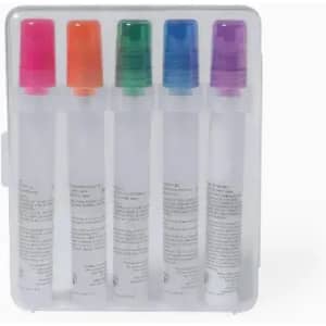 A set of five clear ink markers with pink, orange, green, blue, and purple caps, packaged in a transparent case.