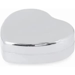 A heart-shaped silver tin box with a shiny, reflective surface and a hinged lid.