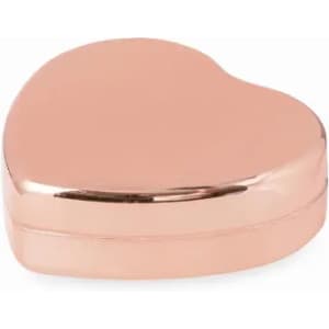 A heart-shaped box in a shiny rose gold finish, with a smooth, reflective surface. It features a logo on the top.