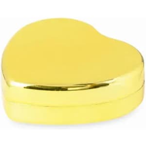 A heart-shaped container in shiny gold. The product has a reflective surface and a clasp closure.