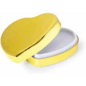 A heart-shaped box in shiny yellow with a white interior, slightly open.