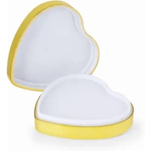 A heart-shaped jewellery box in white with a gold rim, slightly open to reveal its interior.