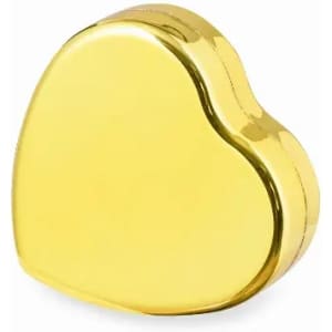 A heart-shaped gold product with a shiny surface, featuring a smooth design. It has a basic, reflective appearance.