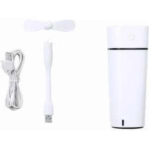 A white portable fan with a USB cable and adapter, designed for easy transport and use.