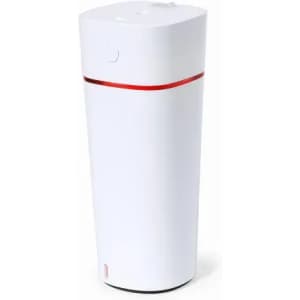 A drink bottle in white, with a sleek design and a red accent band, featuring a logo on its body.