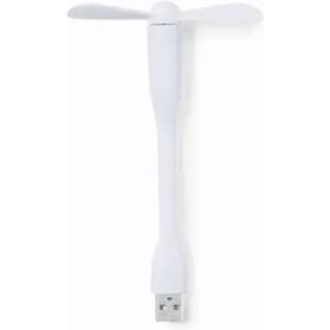 A USB fan with a flexible white neck and two plastic blades. It has a compact design for portability.