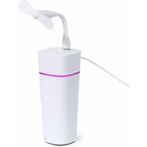 A white portable fan with a flexible neck, featuring a purple accent and a power cable. Logo present.