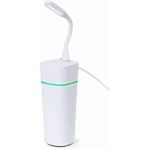 A drink bottle in white with a green accent, featuring a flexible neck light attached at the top and a charging cable.