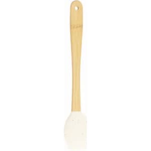 A spatula featuring a bamboo handle and a white silicone head, suitable for various cooking tasks.