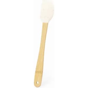 A spatula with a bamboo handle and a white silicone head, featuring a logo on the handle.