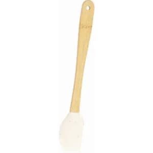 A spatula with a white silicone head and a bamboo handle, featuring a hanging hole for storage.