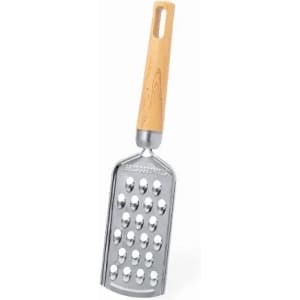 A grater with a stainless steel surface and a wooden handle, featuring a smooth design with multiple grating holes.