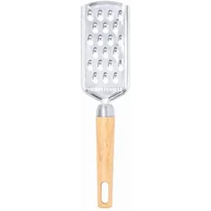 A kitchen tool featuring a stainless steel grater with a wooden handle. The design includes holes for grating.