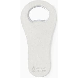 A bottle opener in a light grey colour made from wheat straw, featuring a simple design and a logo.
