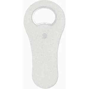 A bottle opener in white featuring a rounded top and a sturdy handle. It has a simple design without branding.