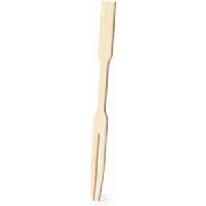 A wooden food fork in a natural finish, featuring a two-pronged design and a long handle.
