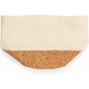 A cork and cream-coloured reusable drink bottle with a simple design and a rounded base.