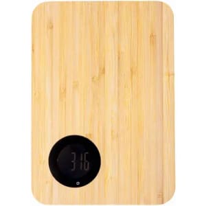 A digital kitchen scale with a bamboo surface and a circular display showing the weight as 316 grams.