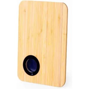 A drink bottle with a bamboo finish and a black circular base, featuring a logo.