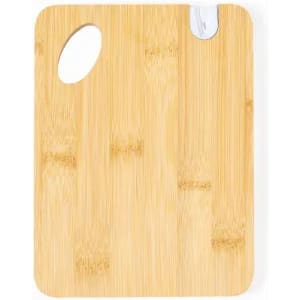 A bamboo cutting board with a round handle cutout and a knife sheath. The surface features a light, natural finish.