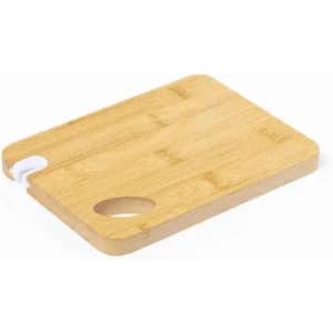 A bamboo cutting board with a handle cutout, featuring a smooth, rectangular surface.