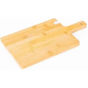 A bamboo chopping board with a handle and a notch, featuring a light wood finish.