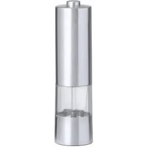 A pepper grinder in silver with a transparent base, featuring a sleek, modern design and a logo on the body.