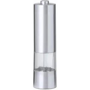 A pepper mill with a sleek silver design and transparent base, featuring a push-button top for easy grinding.