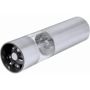 A sleek silver drink bottle with a transparent section, featuring a circular opening at one end and a logo.