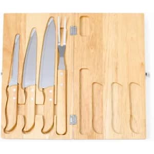 A wooden knife set featuring three knives and a fork, all housed in a wooden case with a fitted design.