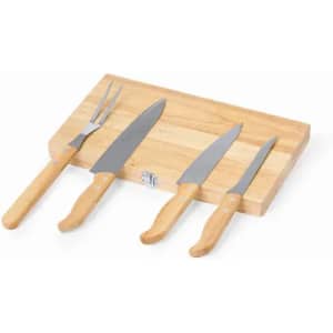 A set of stainless steel knives and a fork with wooden handles, displayed on a wooden cutting board.