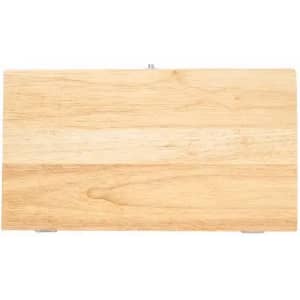 A wooden chopping board with a smooth, light timber finish and metal clips on the side.