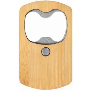 A bamboo bottle opener featuring a stainless steel cap remover. The design is smooth with a rounded edge.
