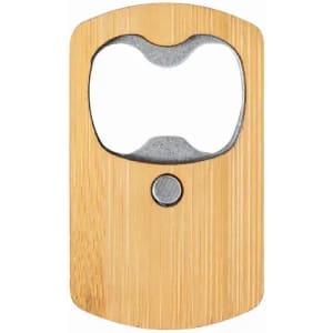 A bottle opener made of bamboo with a stainless steel opening mechanism and a smooth, curved design.